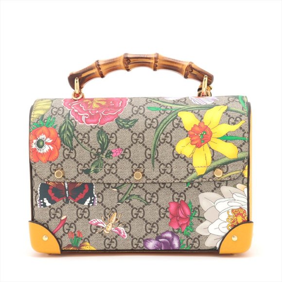 Gucci Bamboo GG flora PVC & leather 2way handbag Yellow 603221 - Picture 2 of 11